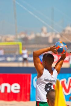 CADIZ, SPAIN -  JUL 22:  Unknown player of unknown team playing the Spanish Championship of Beach Soccer on Jul 22, 2006 on the beach of La Victoria in Cadiz, Spain