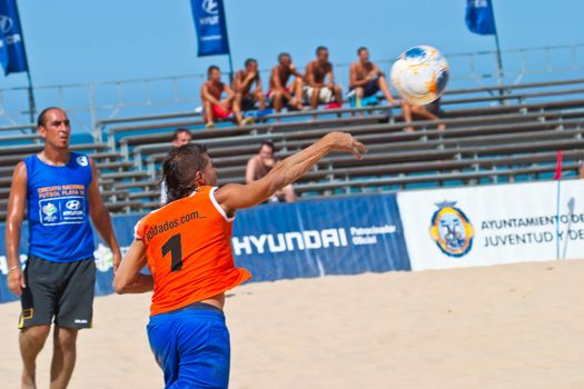 CADIZ, SPAIN -  JUL 22:  Unknown goalkeeper of unknown team playing the Spanish Championship of Beach Soccer on Jul 22, 2006 on the beach of La Victoria in Cadiz, Spain