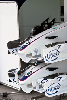 JEREZ DE LA FRONTERA, SPAIN - OCT 10: Two front wings of BMW-Sauber F1 waiting on pits on training session on October 10, 2006 in Jerez de la Frontera , Spain