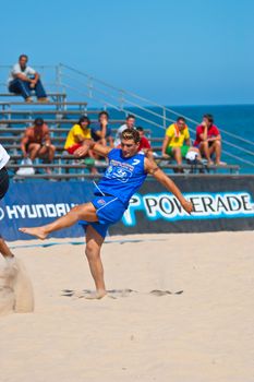 CADIZ, SPAIN -  JUL 22:  Unknown player of unknown team playing the Spanish Championship of Beach Soccer on Jul 22, 2006 on the beach of La Victoria in Cadiz, Spain