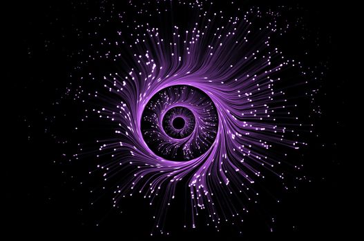 Illuminted purple fibre optic light strands forming three swirling rings against a black blackground.