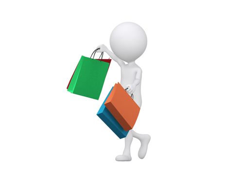 3d shopping person holding bags - isolated over a white background