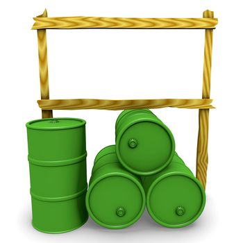 Abstract 3d-illustration: Green barrels with blank billboard