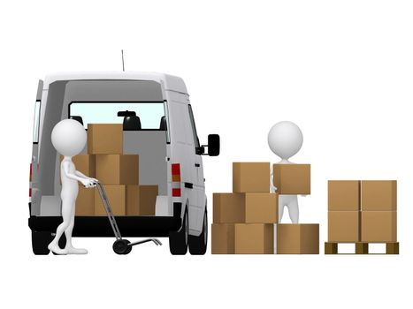 3d small persons carrying the hand truck with boxes. Boxes and van.