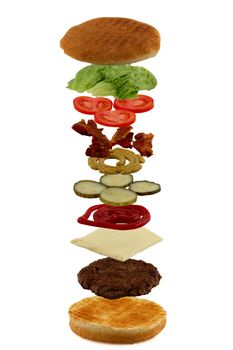 An isometric exploded view of a hamburger showing the ingredients. Isolated on white