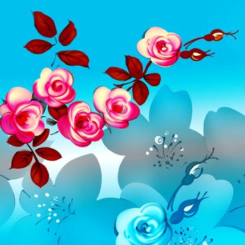 Blue roses and butterflies in the background