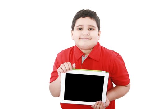 Young boy holding a tablet computer isolated on white