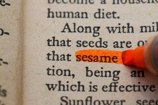 Sesame word highlight in an old brow book about herbs.