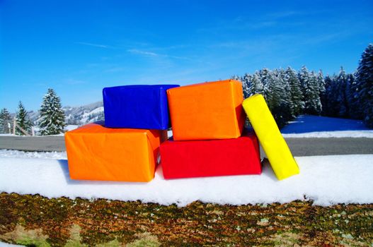 present parcels outside in a snowy landscape...