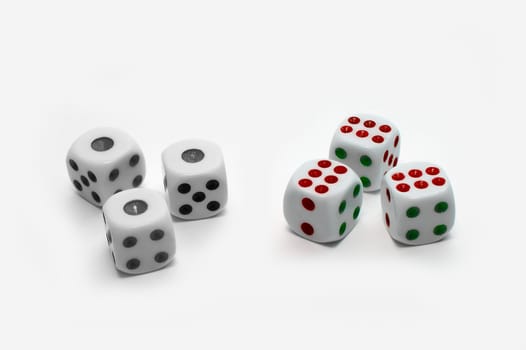 Black-and-white and colorful dices on white background