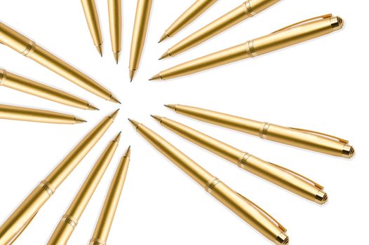 Gold pens on white background