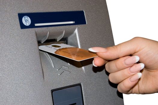 ATM Access - Female hand inserts banking card