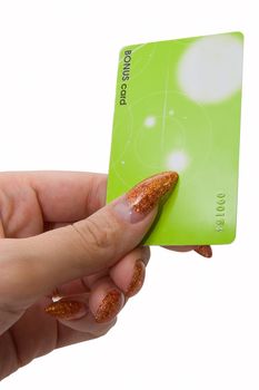 Female hand hold bonus card on white