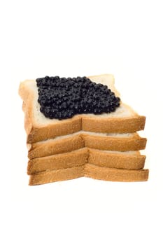 Bread and black caviar on white background