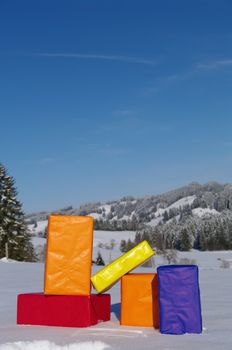 present parcels outside in a snowy landscape...