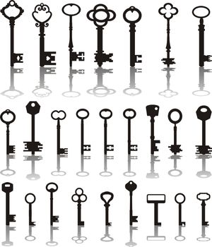 Collection of antique keys and their shadows, vector illustration