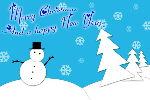 Christmas card with a snowman and a decorated tree in blue and white.