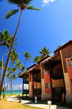 Luxury tropical resort on ocean shore with palm trees