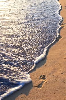 Tropical sandy beach with footprints and ocean wave