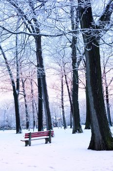 Winter park covered with snow at dusk. Beach area, Toronto, Canada.