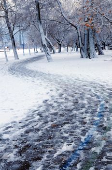 Winter park and recreational trail covered with snow. Beach area, Toronto, Canada.