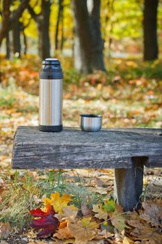 Thermos is on the bench in autumn park