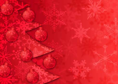 Christmas Tree with Ornaments and Snowflakes Pattern on Red Blurred Background