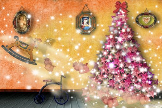 Christmas illustration, toys entering the home