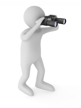 man with binocular on white background. Isolated 3d image