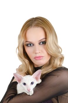 beauty young blond woman with oriental shorthair cat on a white