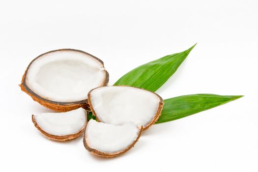 Coconut open on a white background with palm leaves