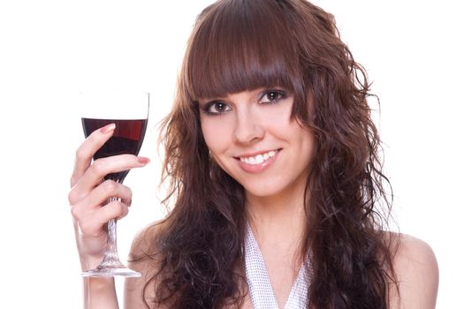 beautiful girl with a wineglass on a white background