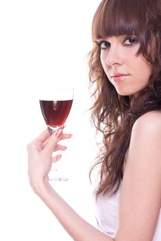 beautiful girl with a wineglass on a white background