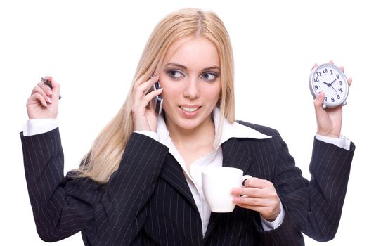 young woman business with cup of tea, clock, pen and mobile on a white background