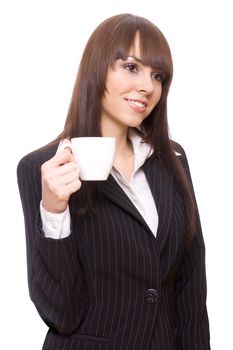 young woman business with cup of tea on a white background