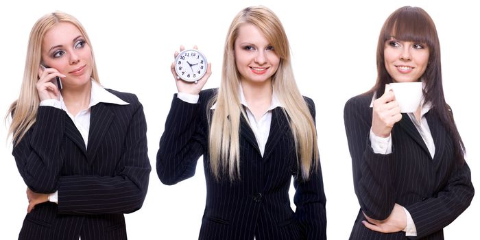three business women with a phone, a cup and a clock on a white background