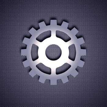 Cogwheel symbol with 3d effect, symbol isolated on metal background. Steel background.