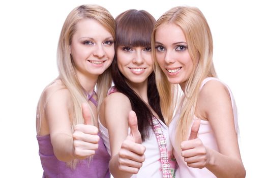 three girls together giving thumbs-up on a white background
