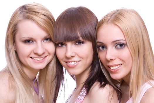 three girls together on a white background