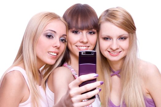 three girls with phone on a white background