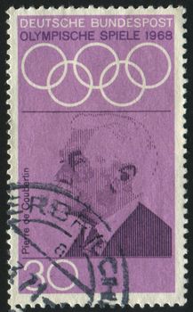 GERMANY  - CIRCA 1968: stamp printed by Germany, shows Pierre de Coubertin, circa 1968.
