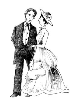 vintage drawing illustration of retro couple