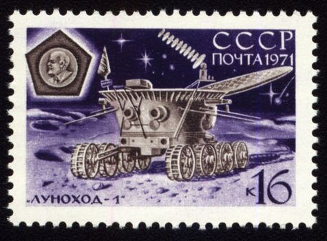 Postage stamp printed in USSR shows soviet moon machine Lunokhod-1