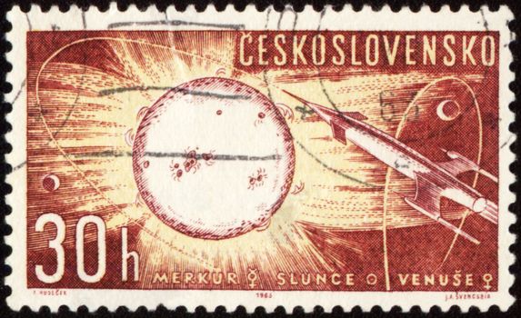 CZECHOSLOVAKIA - CIRCA 1963: A stamp printed in Czechoslovakia, shows spaceship and solar system with planets Mercury and Venus, series, circa 1963
