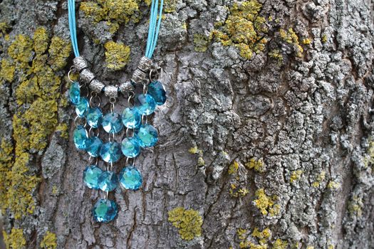 Blue gem necklace against a mossy tree