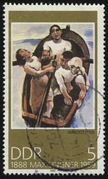 GERMANY- CIRCA 1988: stamp printed by Germany, shows  Paintings by Max Lingner In the Boat, circa 1988.