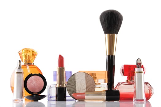 perfume and cosmetics on white background, beauty concept