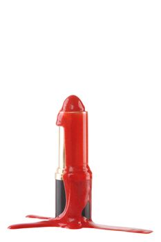 front view of melted red lipstick on white background