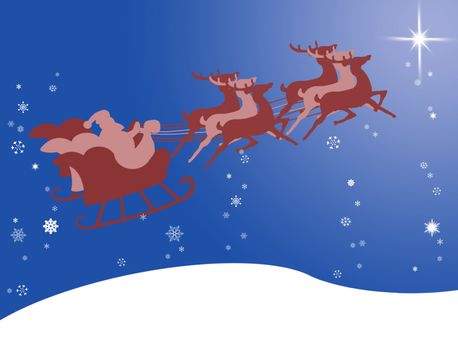 Santa Claus in his sleigh with bright star and snow