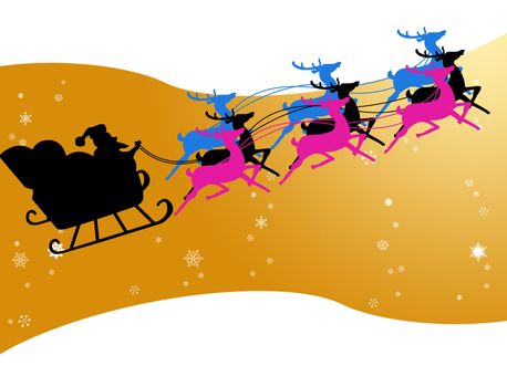 Santa Claus in his sleigh with snow in the orange color sky background